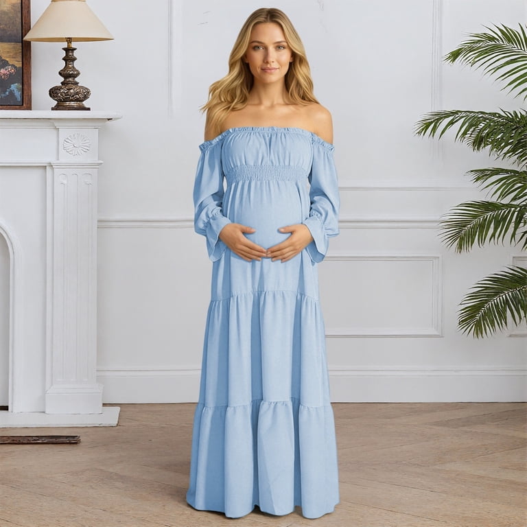 flowy boho maternity dress Gyujnb Lightweight Tiered Maxi Off Shoulder Ruffle Neck Long Bubble Flare Sleeve Smocked High Waist Elegant Gown for Pregnancy Photoshoot,L bohemian boho maternity shoot