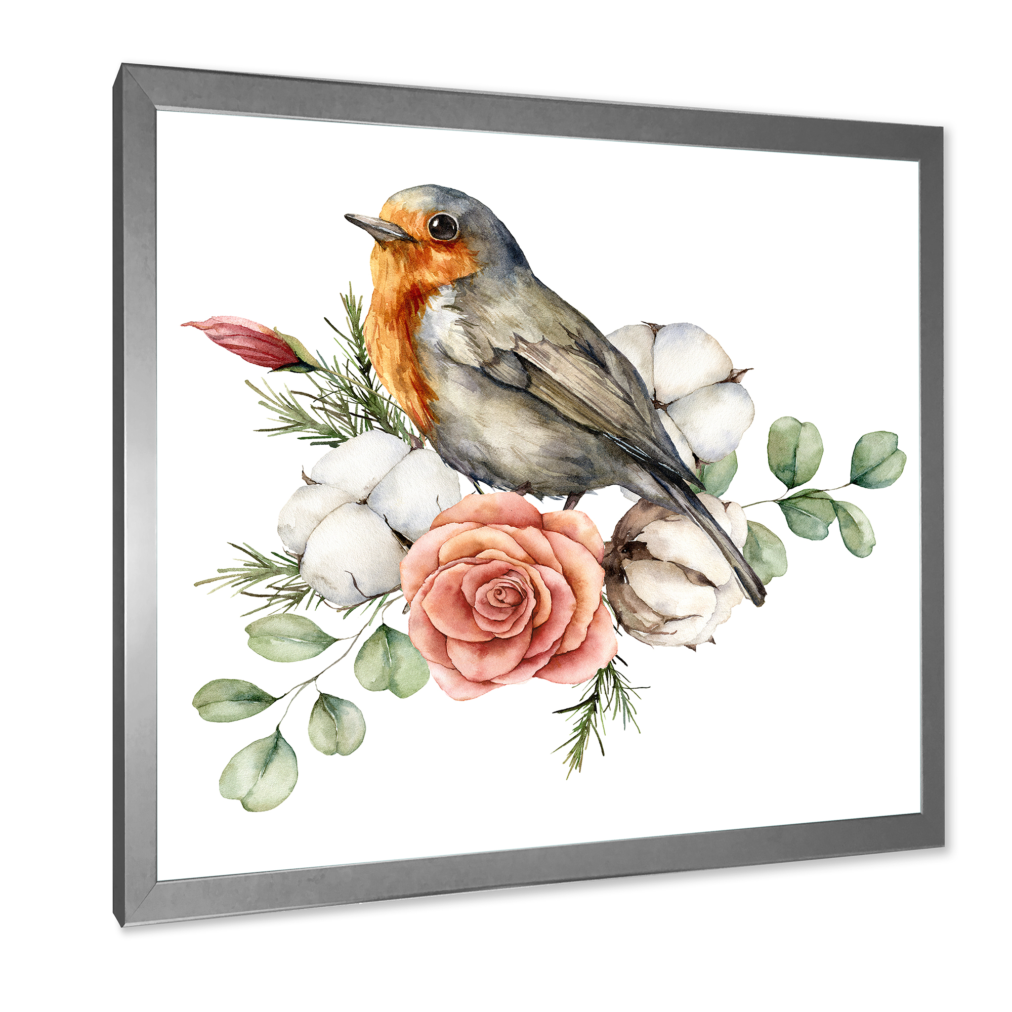 Designart 'Cotton Rose and Leaves With Robin Redbreast' Traditional Framed Art Print