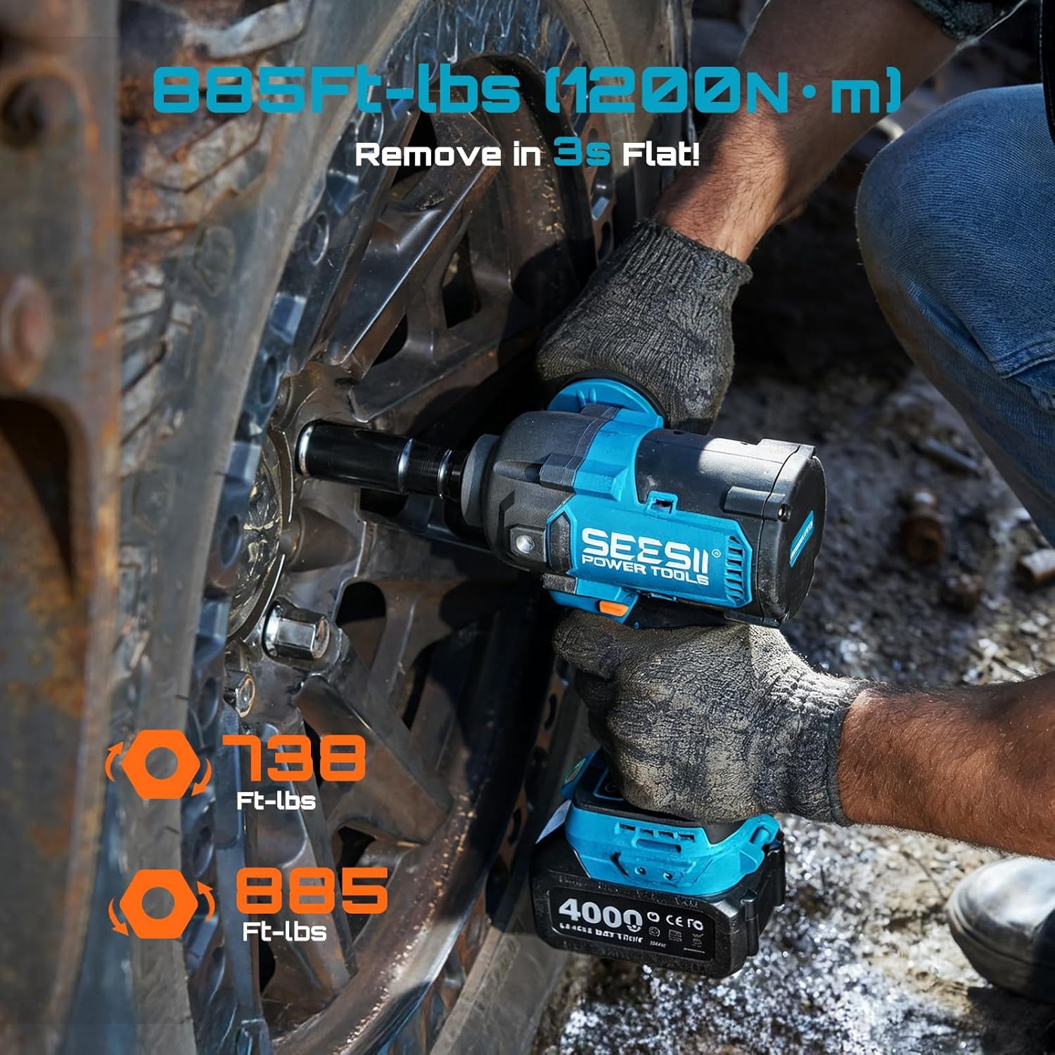 Seesii Brushless Cordless Impact Wrench 885Ft-lbs (1200N·m) 1/2" Impact Gun with Auxiliary Handle, 21V High Torque Power Impact Driver 2x 4.0Ah Battery