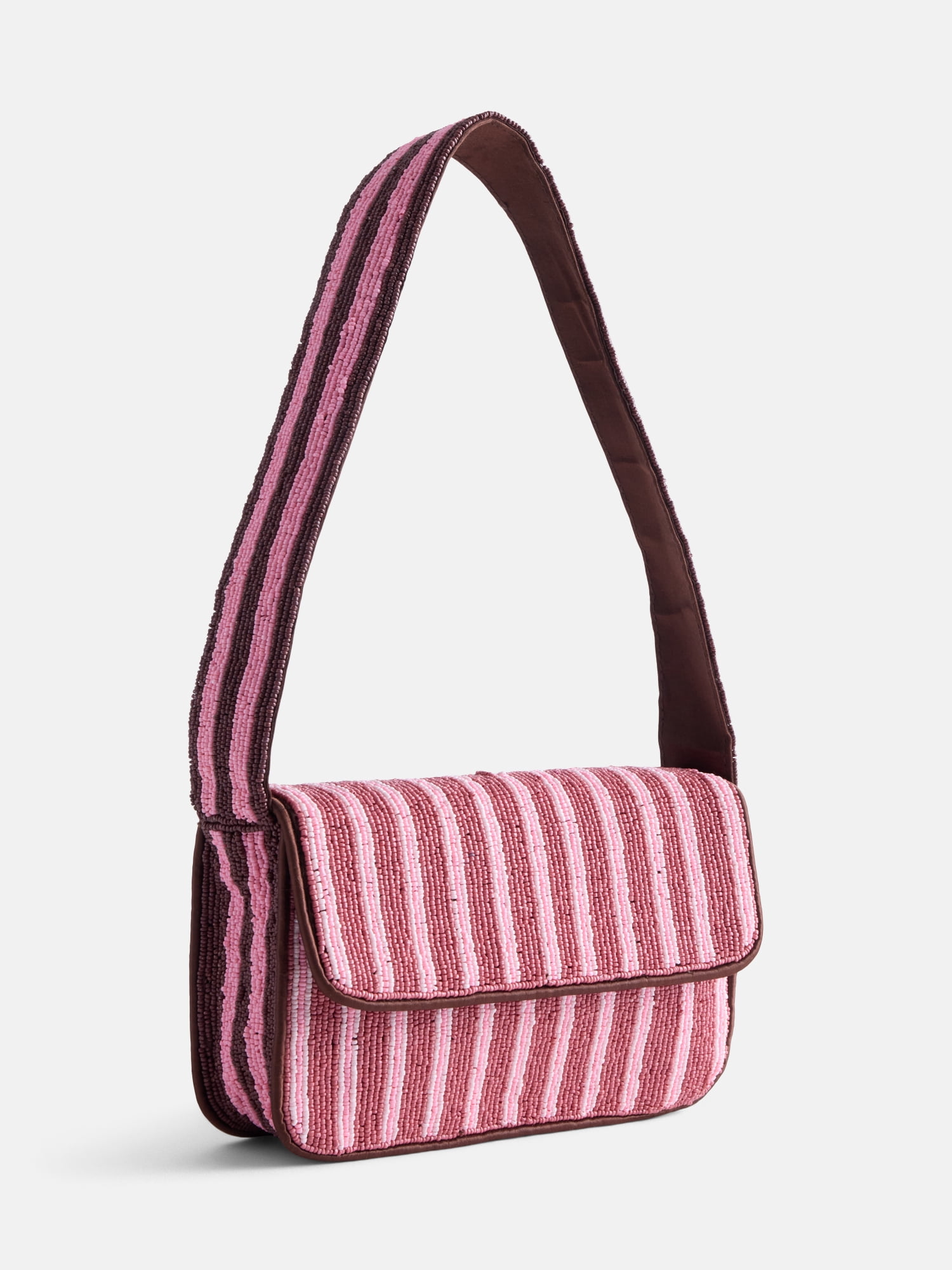 Free Assembly Women's Beaded Striped Flap Shoulder Bag, Pink