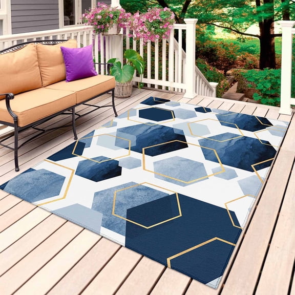 Navy Blue Marble Outdoor Rug 4x6 Ft, Non Slip Washable Area Rug, Gold White Geometric Hexagon Modern Patio Rugs Carpet Runner, Large Floor Mat for Indoor/Outdoor Deck Porch Camping
