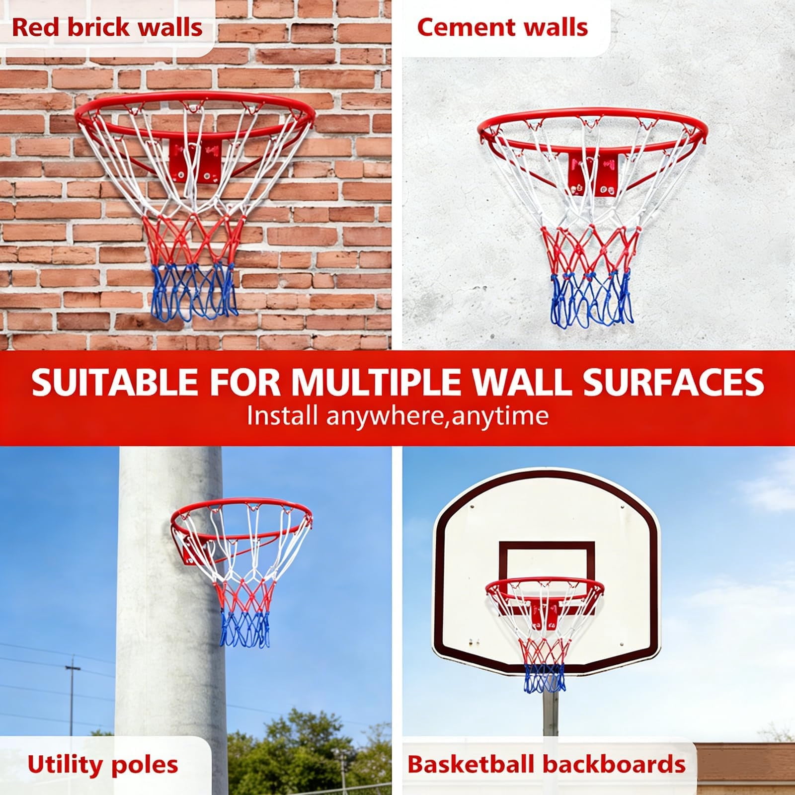 Beforeyayn Basketball Rim Wall Mounted Sturdy, Reinforced basketball hoop with net screws for garage backyard adults