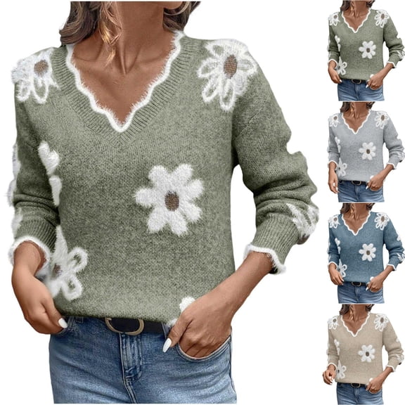 Wutalume Women's Casual Fashion Floral Jacquard V-Neck Knitted Sweater, Elegant Printed Top, Loose Fit Long Sleeve Pullover for Stylish Everyday Wear,Army Green L