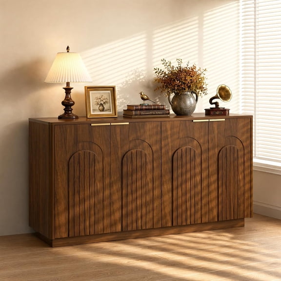 65.7" Buffet Cabinet with Storage, 4 Doors, Walnut Modern Coffee Bar Sideboard with Adjustable Shelves,Long Sideboard Buffet Table