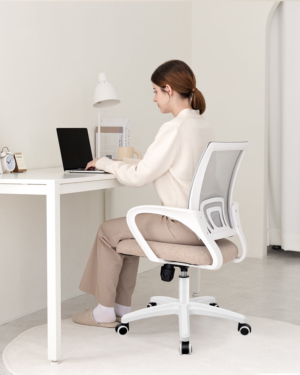 NEO CHAIR Office Desk Computer Chair Ergonomic Mesh Gaming Cushion Seat with Comfy Lumbar Mid Back Support Adjustable Height Swivel Rolling Wheels for Home Task (Beige)