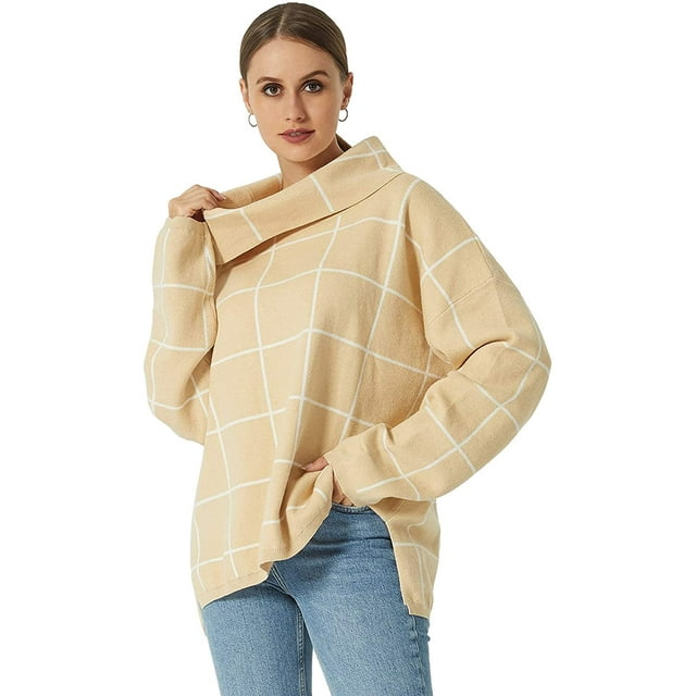 2021 Automne Chandails pour Femmes Pull Col Roulé Manches Longues Côté Plaid Split Checked Outwear Loose Fit Tops