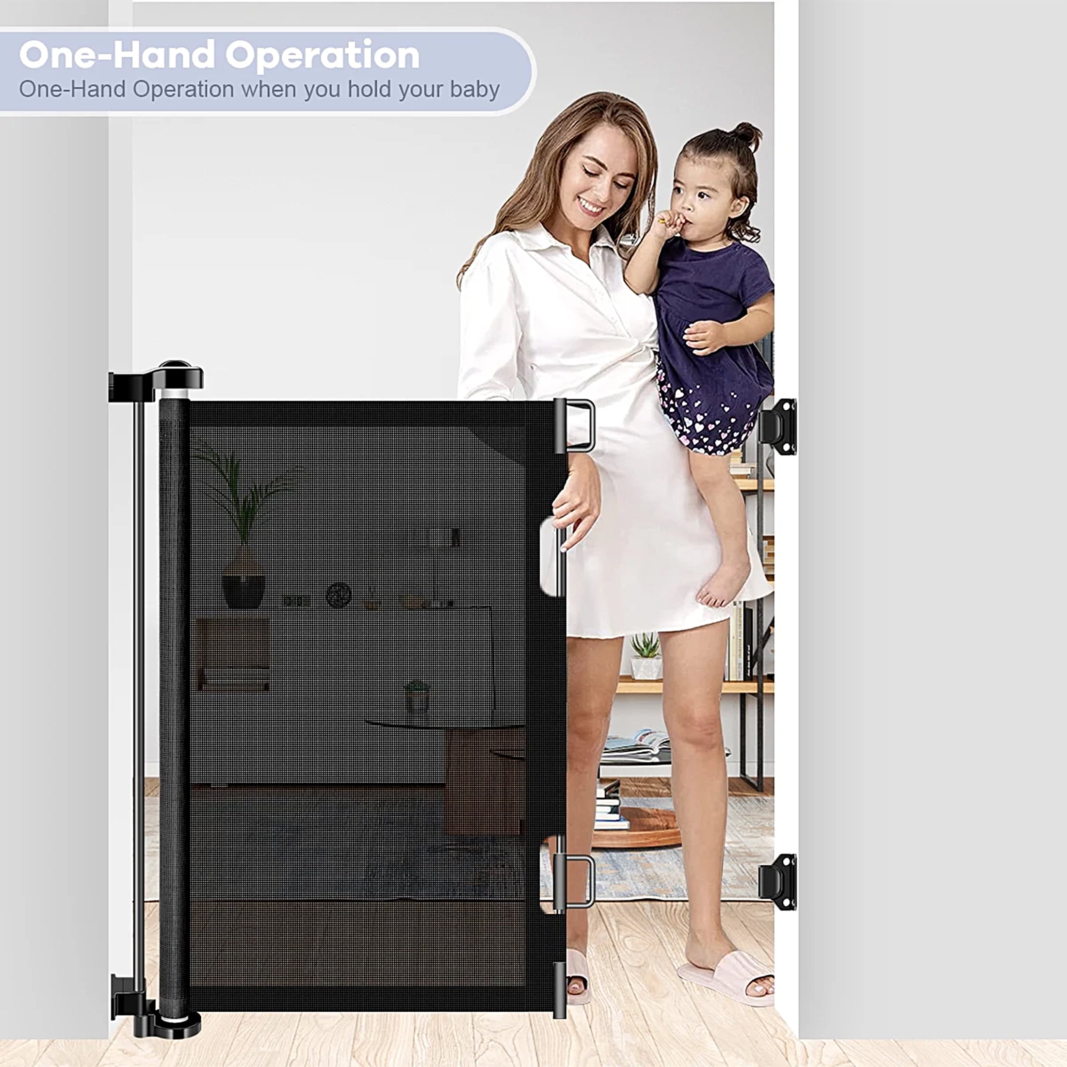 HDJ 71in Retractable Baby Gate,34in Tall Mesh Baby Safety Gate for Stairs,Metal Auto-Lock Dog Gate,Extra Wide,Black