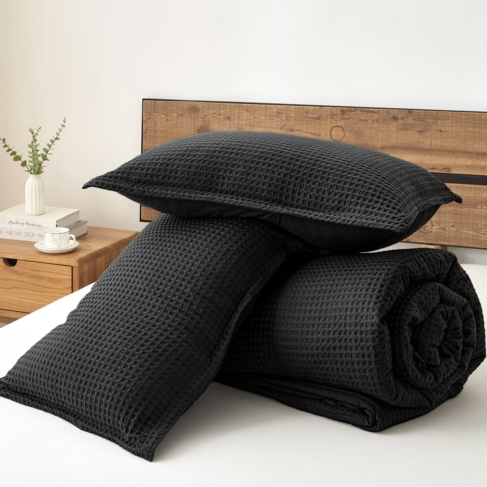 PHF 3-Piece Waffle Weave Comforter Set Queen Size, Lightweight Comfy Bedding Set for All Season, Ultra Soft Textured 1 Comforter with 2 Pillow Shams, Black