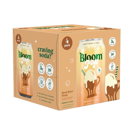 Bloom Pop Prebiotic Soda, Root Beer Float, 12 fl oz, 4 Pack Cans