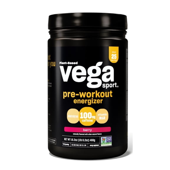 Vega Sport Pre Workout Energizer, Plant-Based Powder, Acai Berry, 25 servings (16.2oz)