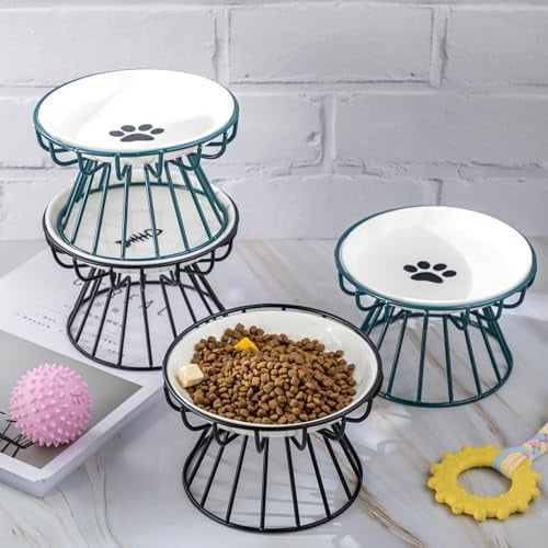 4 Sets Elevated Cat Bowls Ceramic Raised Cat Food Bowls with Metal Stand Dishwasher Safe Dishes Non Slip Elevated Food Plate(Black, Green,Fishbone, Paw)