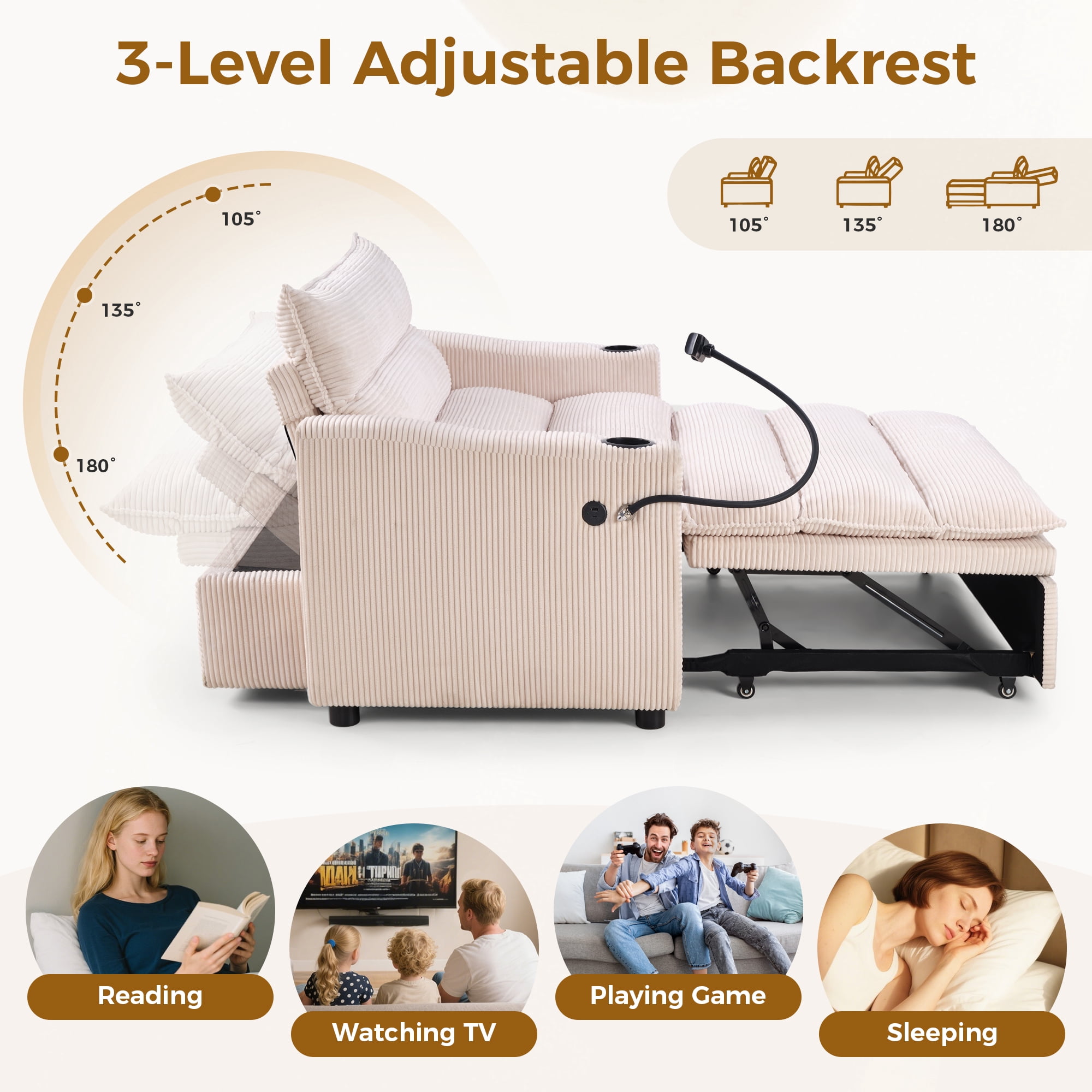 Ebello 3-in-1 Sleeper Sofa Bed, Corduroy Convertible Pullout Futon Couch with Adjustable Backrest, Phone Holders & USB Ports for Apartment, Small Space, 2-Seat(Beige)