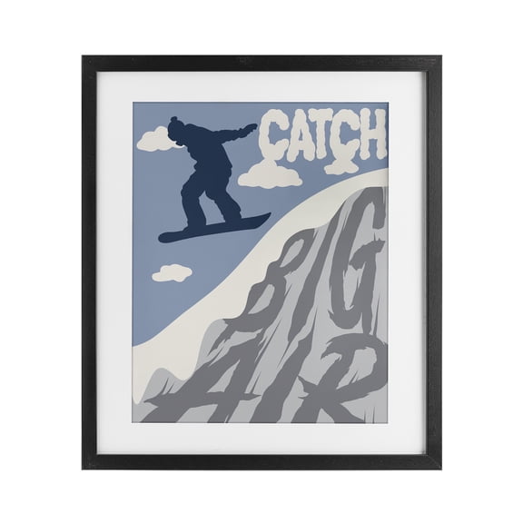 Catch Big Air Snowboard Black Framed Print Under Glass, design by Marcus Prime