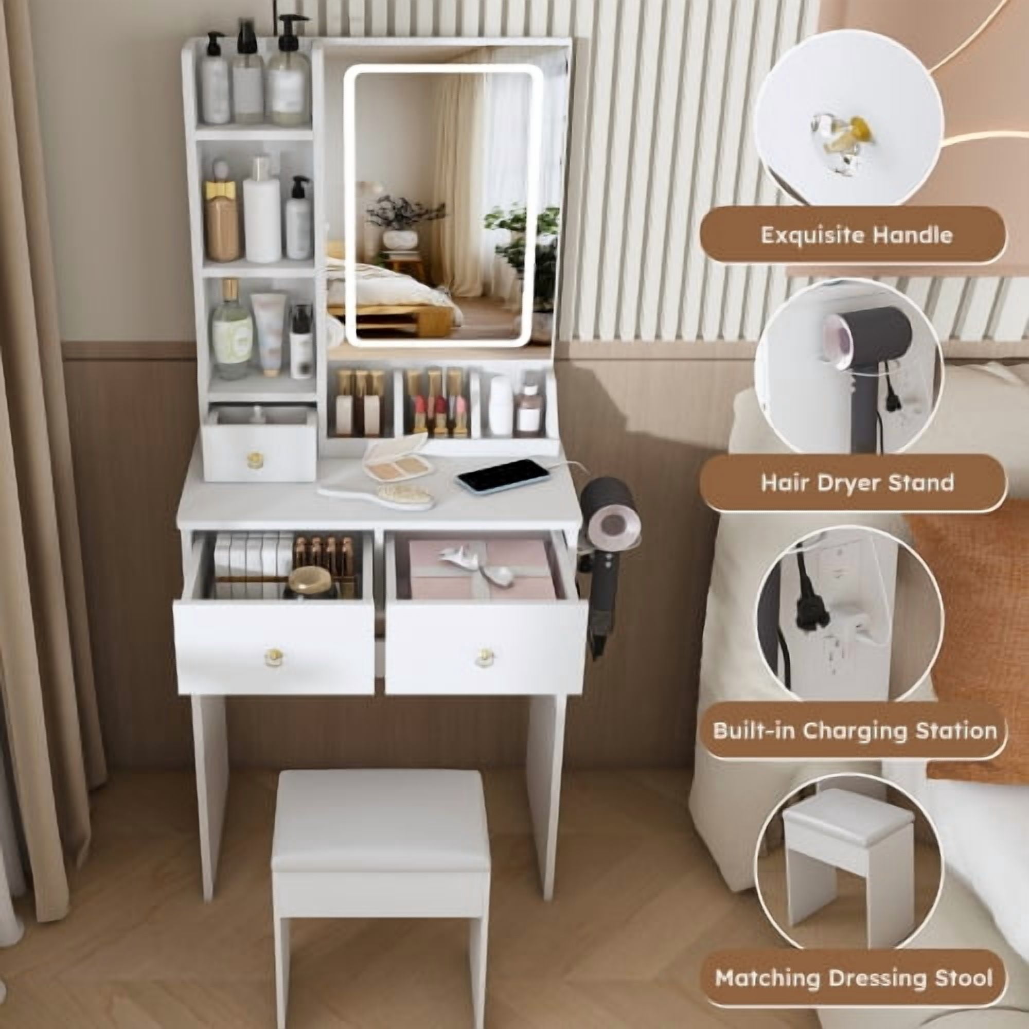 Modern Vanity Desk Set with LED Lighted Mirror, 3 Color Lighting Modes Adjustable Brightness, Built-in Power Outlet & Hair Dryer Holder, Drawers & Open Storage Shelves, Dressing Chair, White