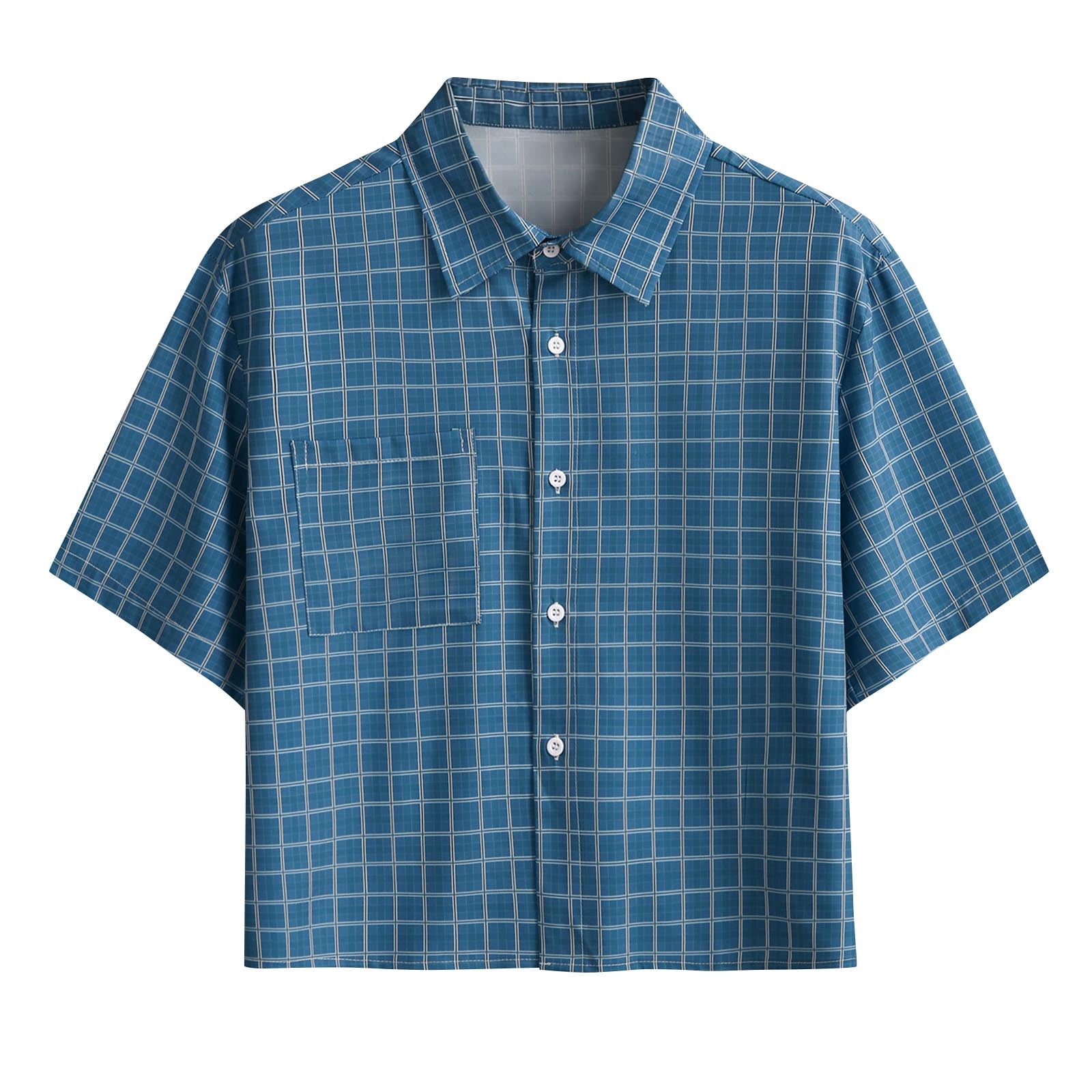 Kalauyu Men's Checkered Cropped Shirt Button Up Short Sleeve Vacation Crop Tops Streetwear