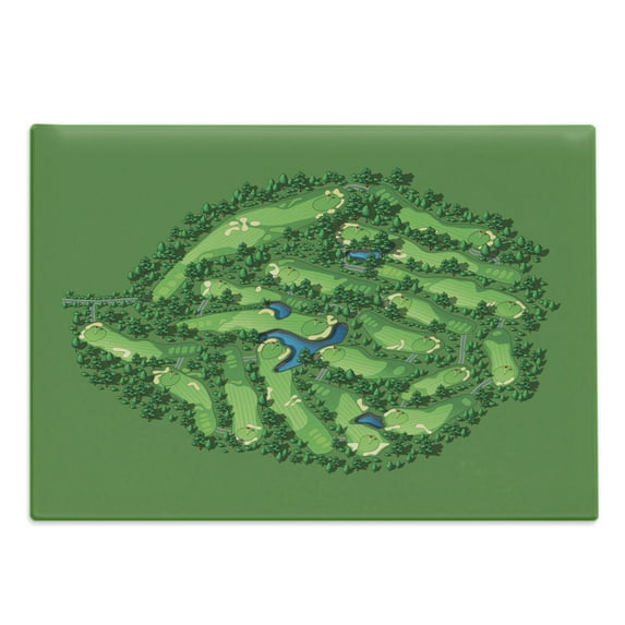Golf Cutting Board, Layout of a Setting with Water Hazards Trees Design Fairway Perspective, Decorative Tempered Glass Cutting and Serving Board, in 3 Sizes, by Ambesonne