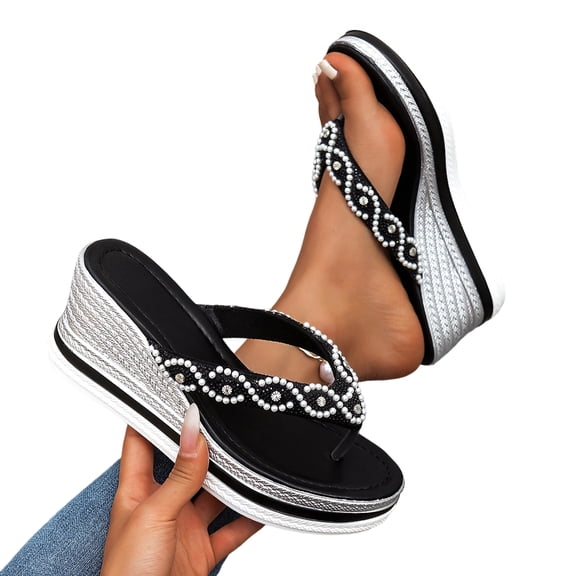 SACFOF Rhinestone Wedge Sandals for Women Platform Flip Flops Wedge flip flops Wedding shoes Wedge Slipper For Summer
