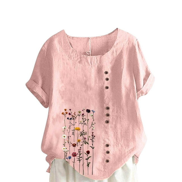 Pisexur Hauts en Coton et Lin Grande Taille pour Femmes, Décontractés, Été, Boho, Mode, Coupe Ample, Col Rond, Manches Courtes, T-Shirts Floraux pour Femmes P-5TG Rose