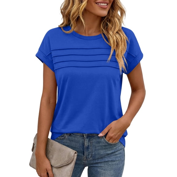 Womens Summer Tops Trendy 2026 Cap Sleeve T Shirts Crew Neck Pleated Front Beach Vacation Clothes Fashion Royal Blue L