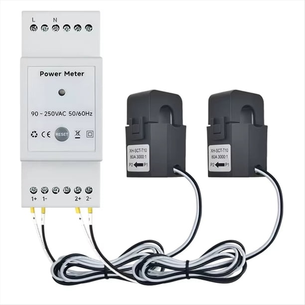 Medidor de Energía WiFi Inteligente Tuya Bidireccional de 2 Canales con Riel DIN y Aplicación CT de 80 A para Monitorear la Exportación e Importación de Energía CA 110 V/240 V