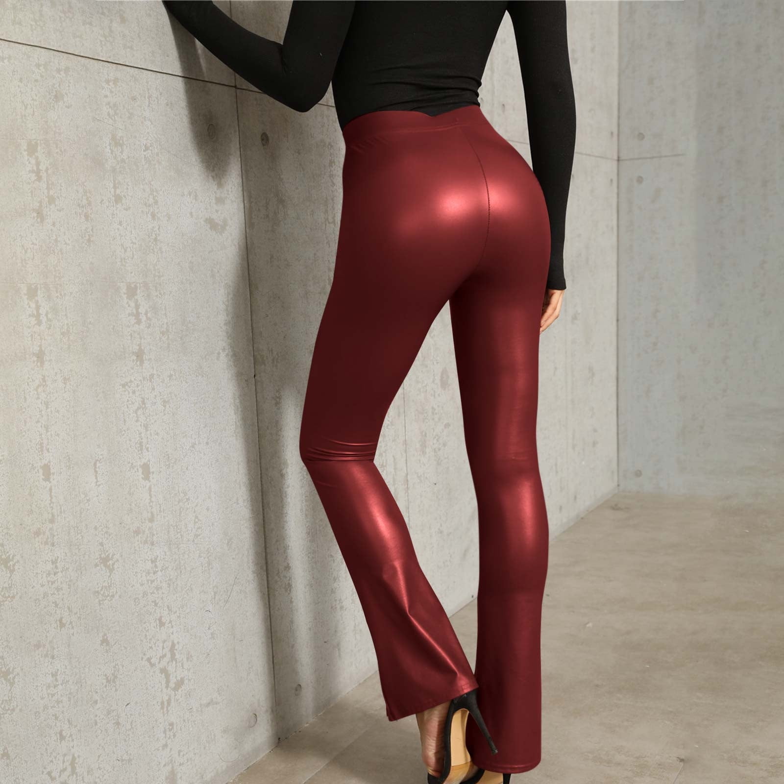 qolati Womens Slim Fitted Faux Leather Legging Stretchy High Waist Slit Hem Pencil Pants Casual Skinny Business Work Office Tights