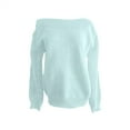 thumbnail image 4 of Duoif Women's Sweaters Women's Fall Solid Color Sweater - Puff Sleeve Knitted Jumper Sweaters for Women Blue L, 4 of 6