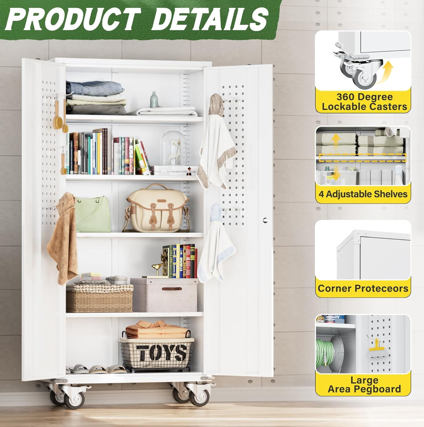 SUNCROWN Metal Storage Cabinet with Wheels,72” White Garage Storage Cabinet with Pegboards and Wheels, Rolling Tool Cabinet with Locking Doors and Shelves for Home,Basement, Kitchen Pantry,Warehouse