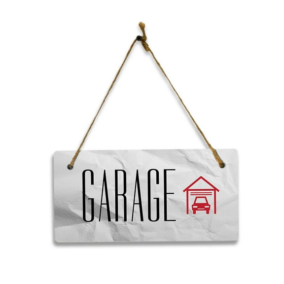 Garage (Crumpled Paper) 5x10 Hanging Plus Wall or Door Sign | Rustic Twine | Range of Vibrant Decor Styles | Room Signs For Home and Business