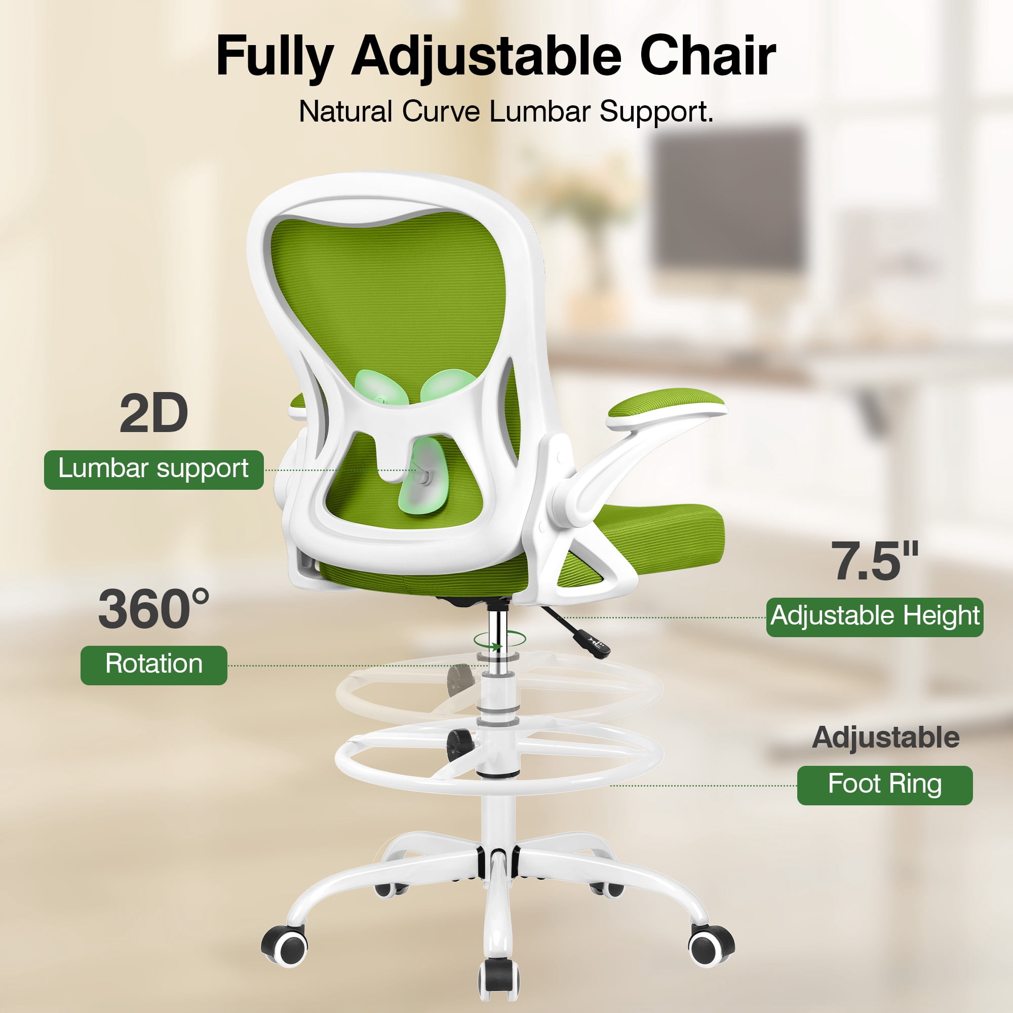 ATHOPE Ergonomic Office Chair, Mesh Desk Chair with Lumbar Support, Tall Office Chair with Flip-Up Armrests and Footrest Ring, Adjustable Computer Chair for Standing Desk Home Office, Green