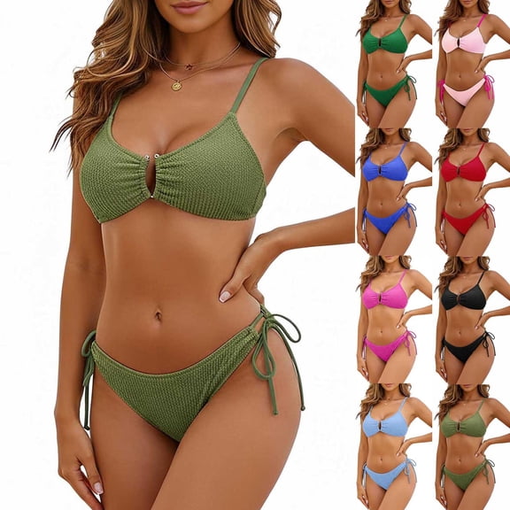 AHTJRT Women's 2 Piece Bikini Sets Skinny High Cut Bathing Suit Textured Spaghetti Straps Swimsuits Fashion 2026 Beach Sets Light Blue M