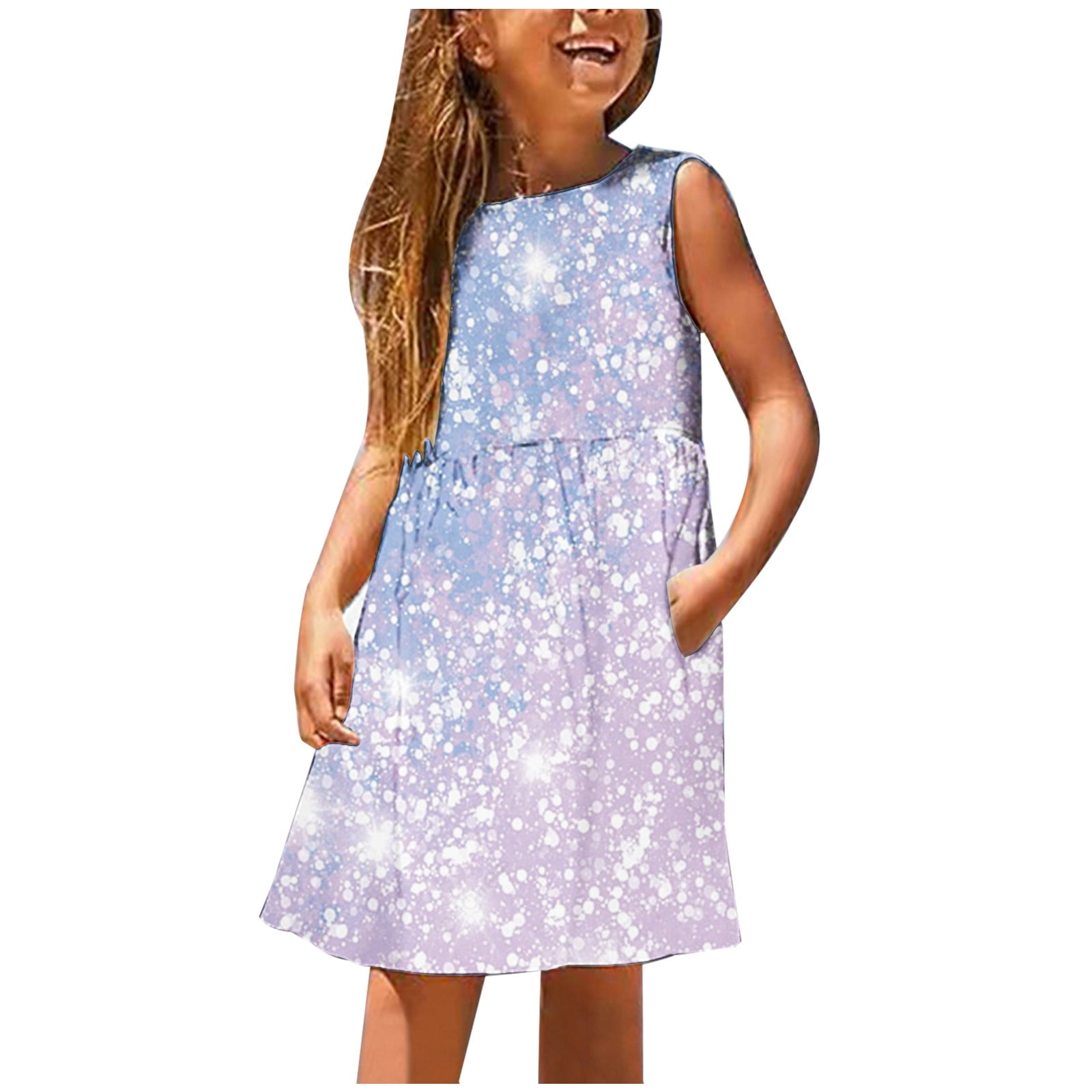 ZCFZJW Holiday Vacation Beach Sundress for Kids Girls Summer Sleeveless  Sparkly Print Crewneck Pullover Tank Dresses Loose Comfy A-Line Short Mini  Dress Purple 13-14 Years 