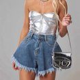 thumbnail image 5 of Women's Blue High Waisted Denim Shorts, Wide Leg A-Line Jean Shorts with Frayed Hem, 5 of 5