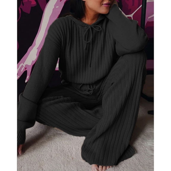 Women's Ribbed Hoodie and Wide Leg Pants Set, Long Sleeve Knit Two Piece Outfit