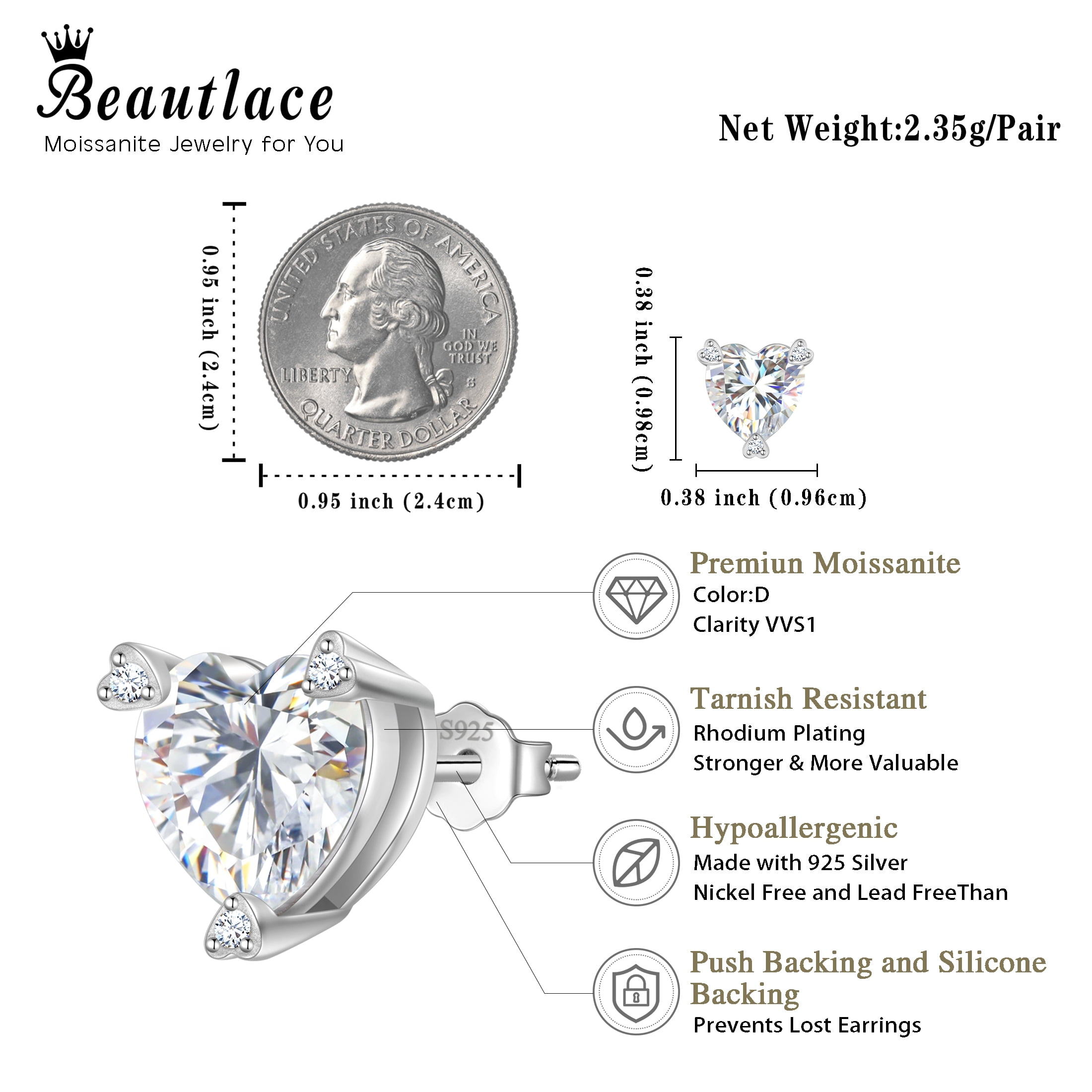 Beautlace 4 Carat Heart Moissanite Solitaire Stud Earrings,D Color VVS1 Simulated Diamond 925 Sterling Silver Earrings Jewelry Gift for Women