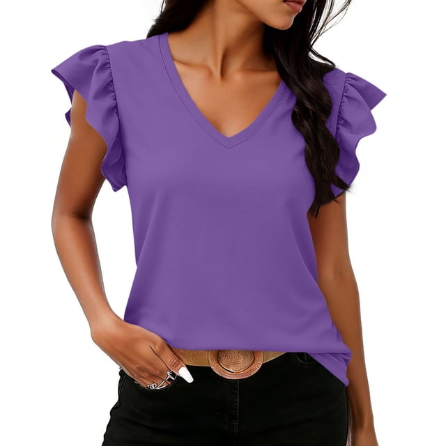 Craaazy Women's Fashion Solid Color V-Neck Ruffle Sleeve Blouse for Everyday Wear Weekend Brunch and Summer Outings