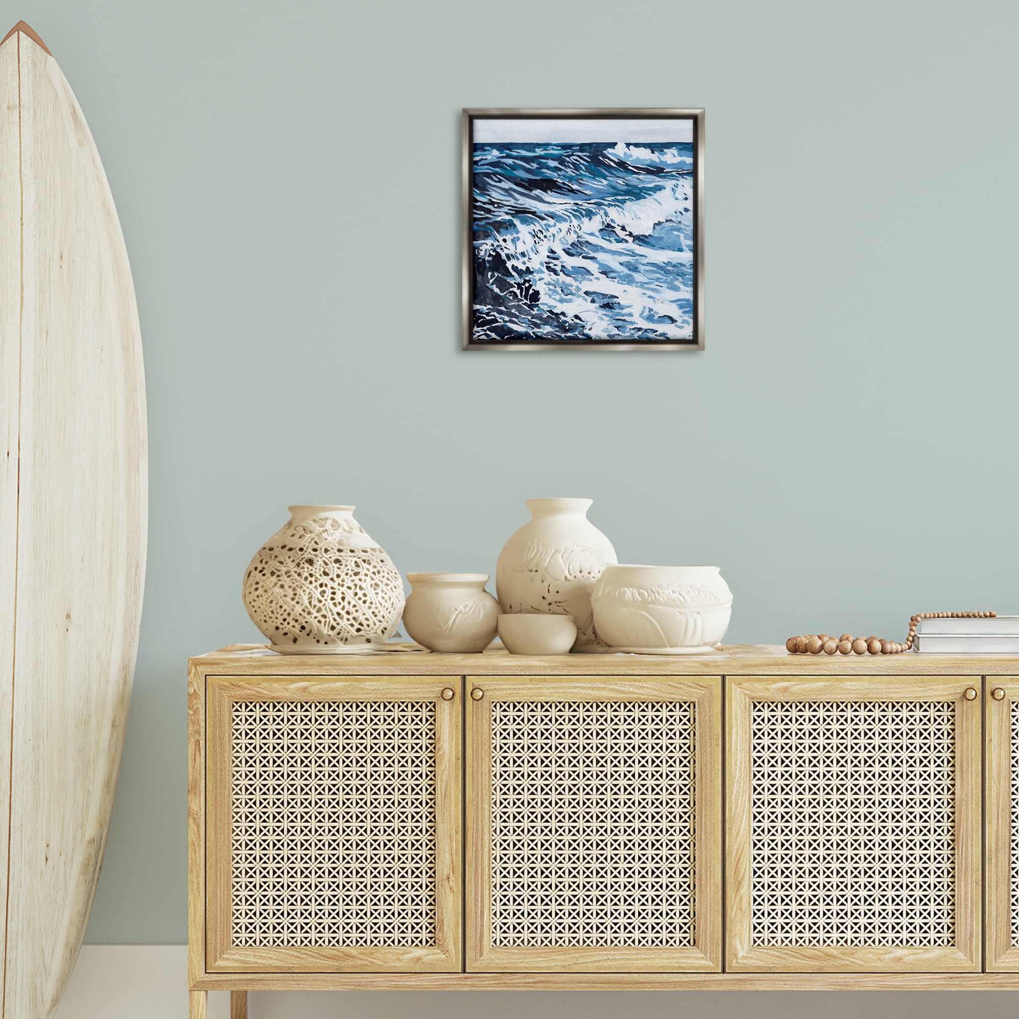 Stupell Industries Blue Rolling Waves Landscape Painting Gray Floater Framed Canvas Art Print Wall Art, 18 x 18
