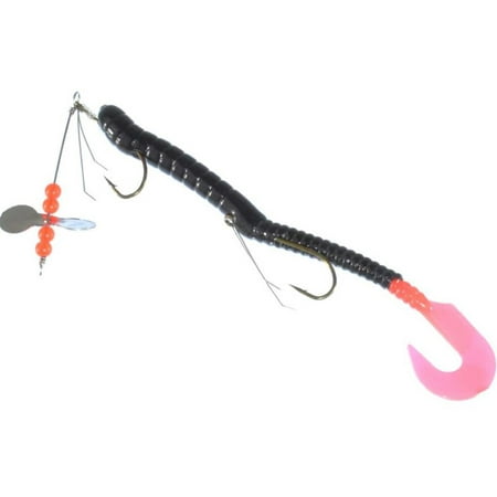 Creme Lure 6 Rigged Curl Tail Worm Fishing Lure Black with Fire Tail.