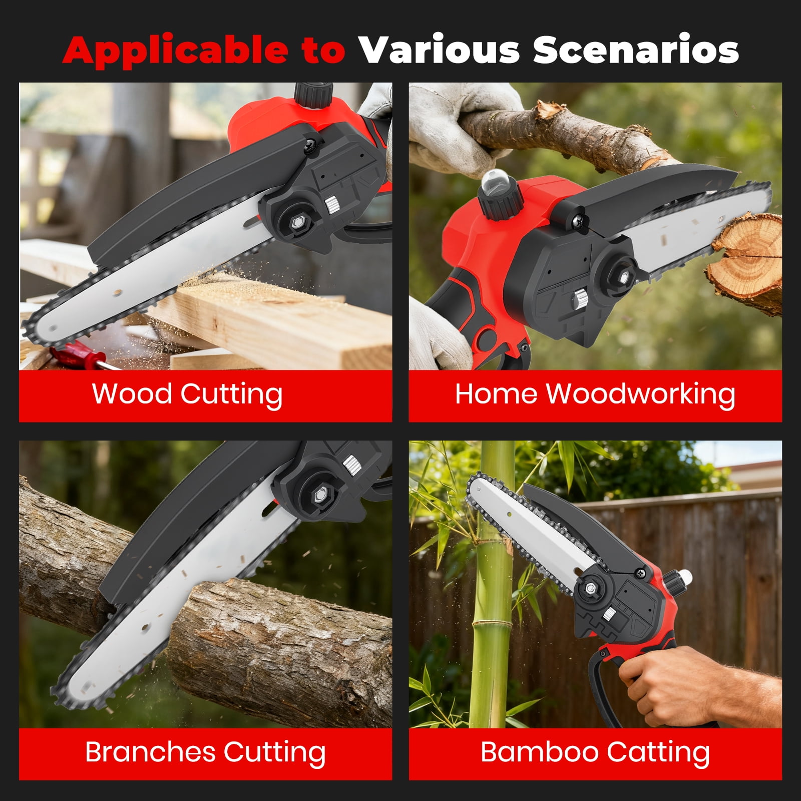 BAOKALER Mini Chainsaw, 4 & 6 inch Handheld Electric Chainsaw with 2×2.0Ah Batteries and 3 Chains for Tree Trimming Wood Cutting, Red