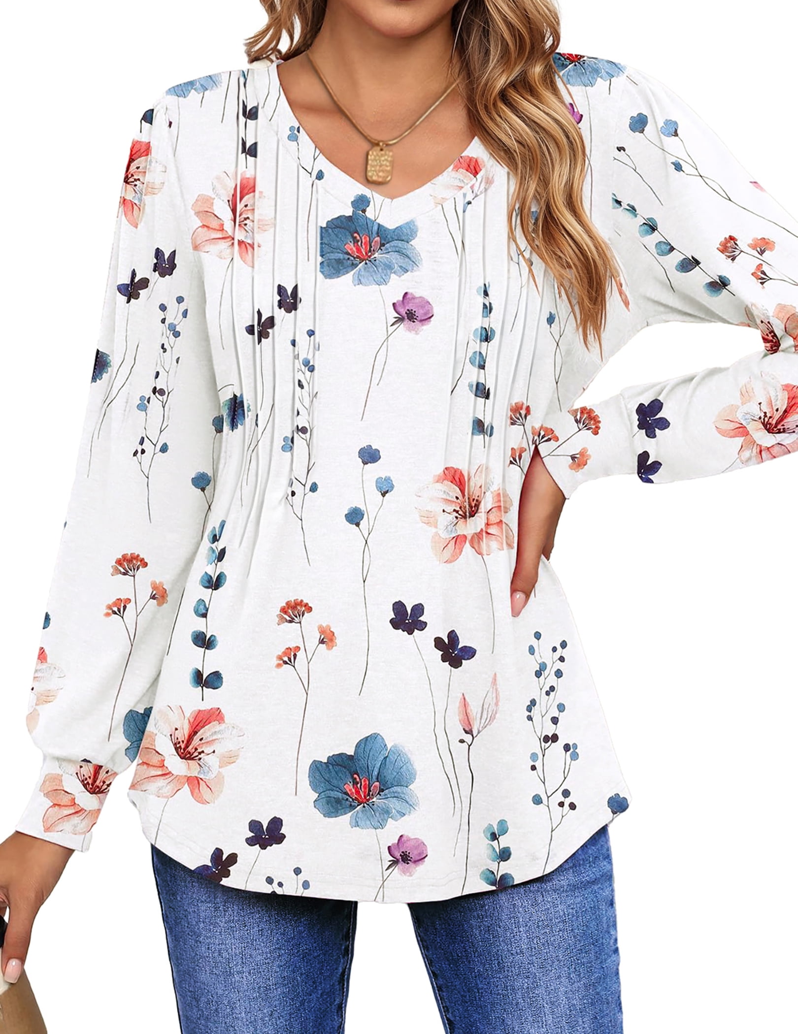 Fantaslook Long Sleeve Shirts for Women Fall Tops Dressy Casual Blouses Pleated V Neck Tunic Tops