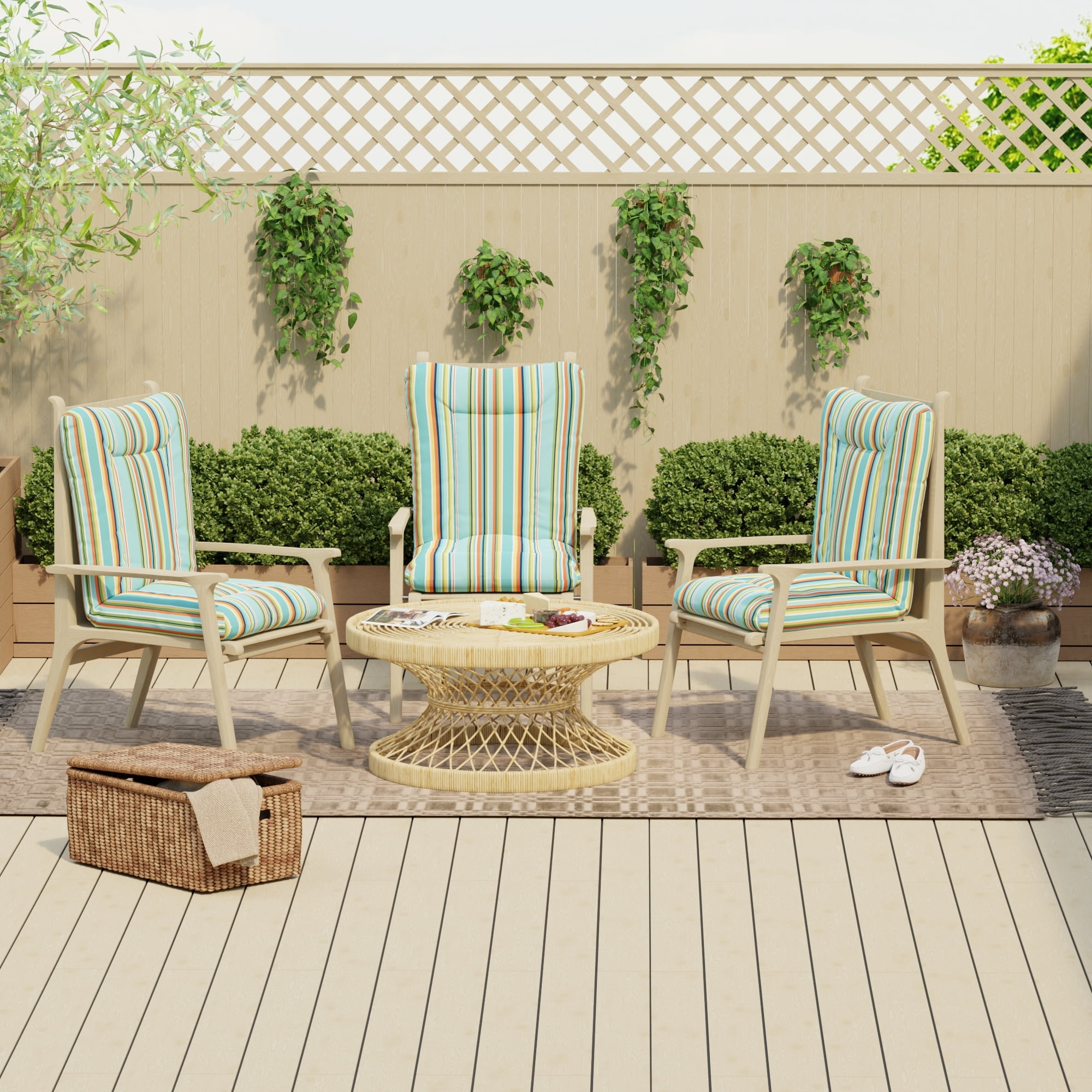 Jordan Manufacturing 38" x 21" Mamba Pelican Turquoise Stripe Rectangular Outdoor Wrought Iron Chair Cushion with Ties and Hanger Loop