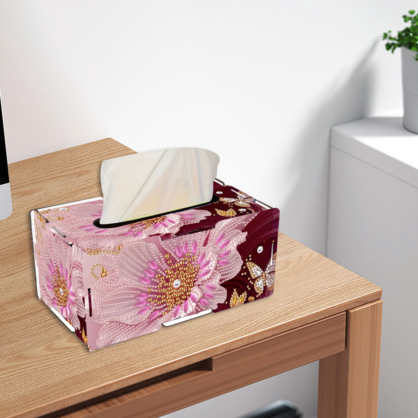 FLOPESN DIY Diamond Art Painting Flower Tissue Box – Wooden Storage Box with Crystal & Pearl Diamonds, Decor Craft Kit for Bedroom, Living Room (8.86 x 5.31 x 4.13 in)