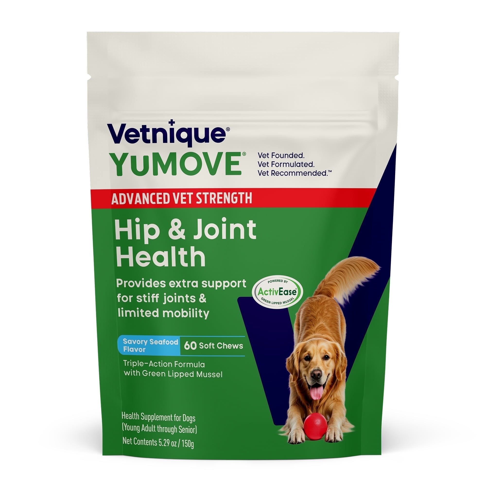 (5 pack) Vetnique YuMOVE Vet Strength Hip & Joint Supplement for Dogs with Glucosamine, Seafood Flavor, 60ct Soft Chews