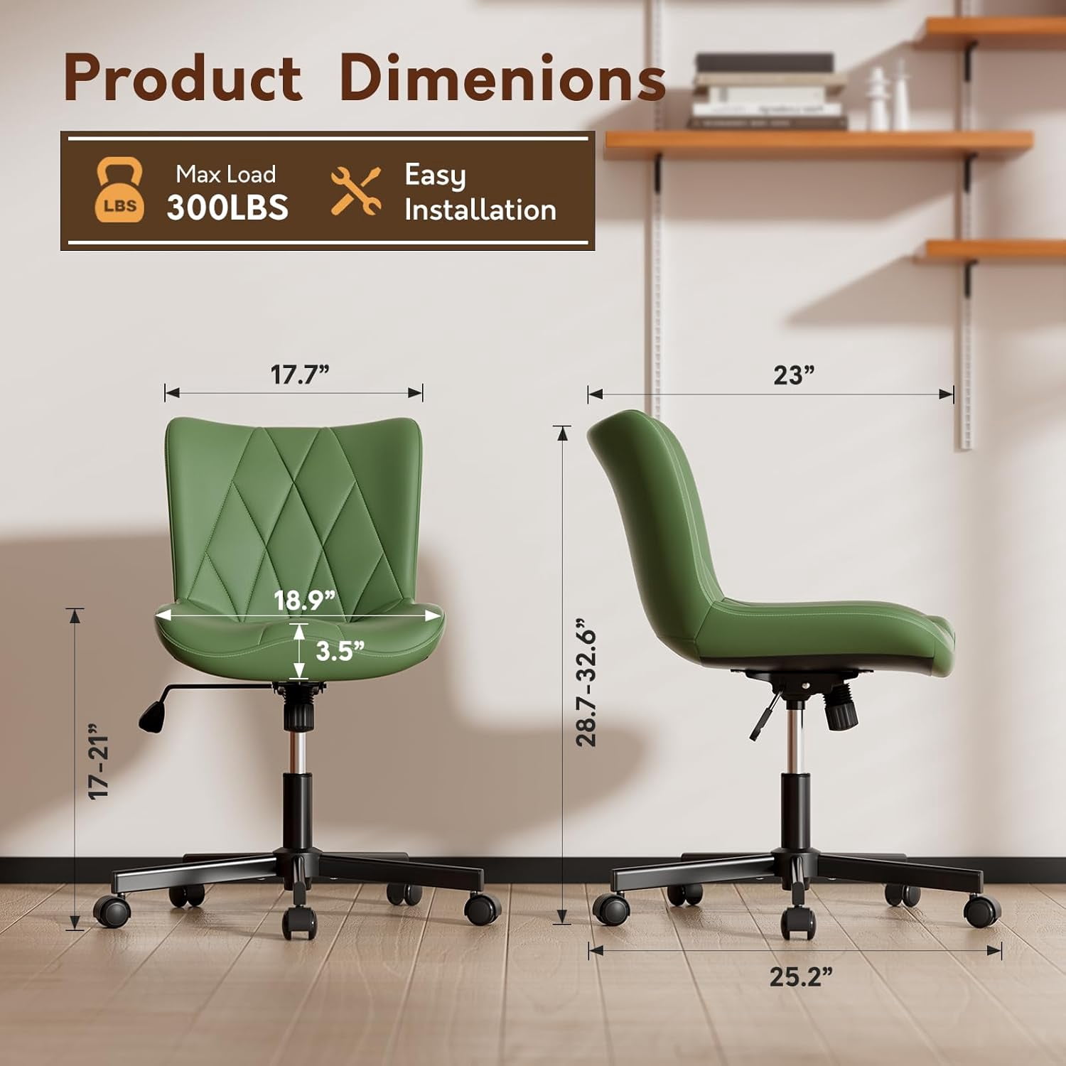 HomeZeer Space Saving Armless Office Chair with Wheels, Adjustable Height PU Leather Swivel Computer Task Chair, Soft Padded Mid Back Vanity Chair Design for Home Office & Small Spaces, Green