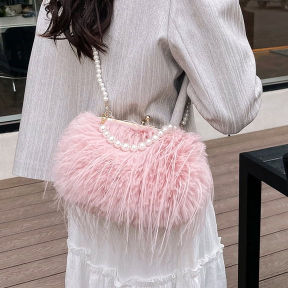 Women's Faux Fur Heart Crossbody Bag, Fluffy Pearl Strap Shoulder Purse for Evening Party & Daily Use