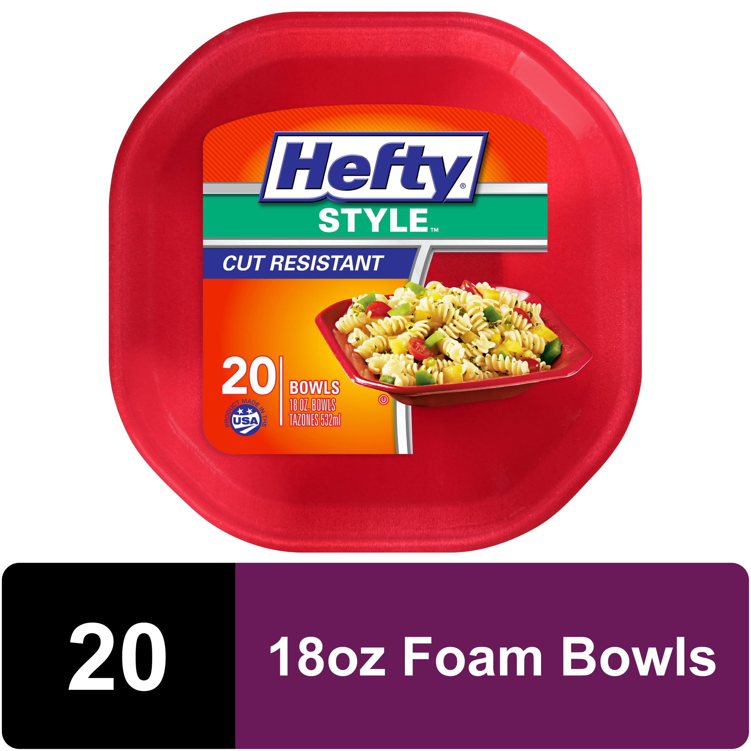 Hefty Style Foam Bowls, Square, Red, 18 Ounce, 20 Count