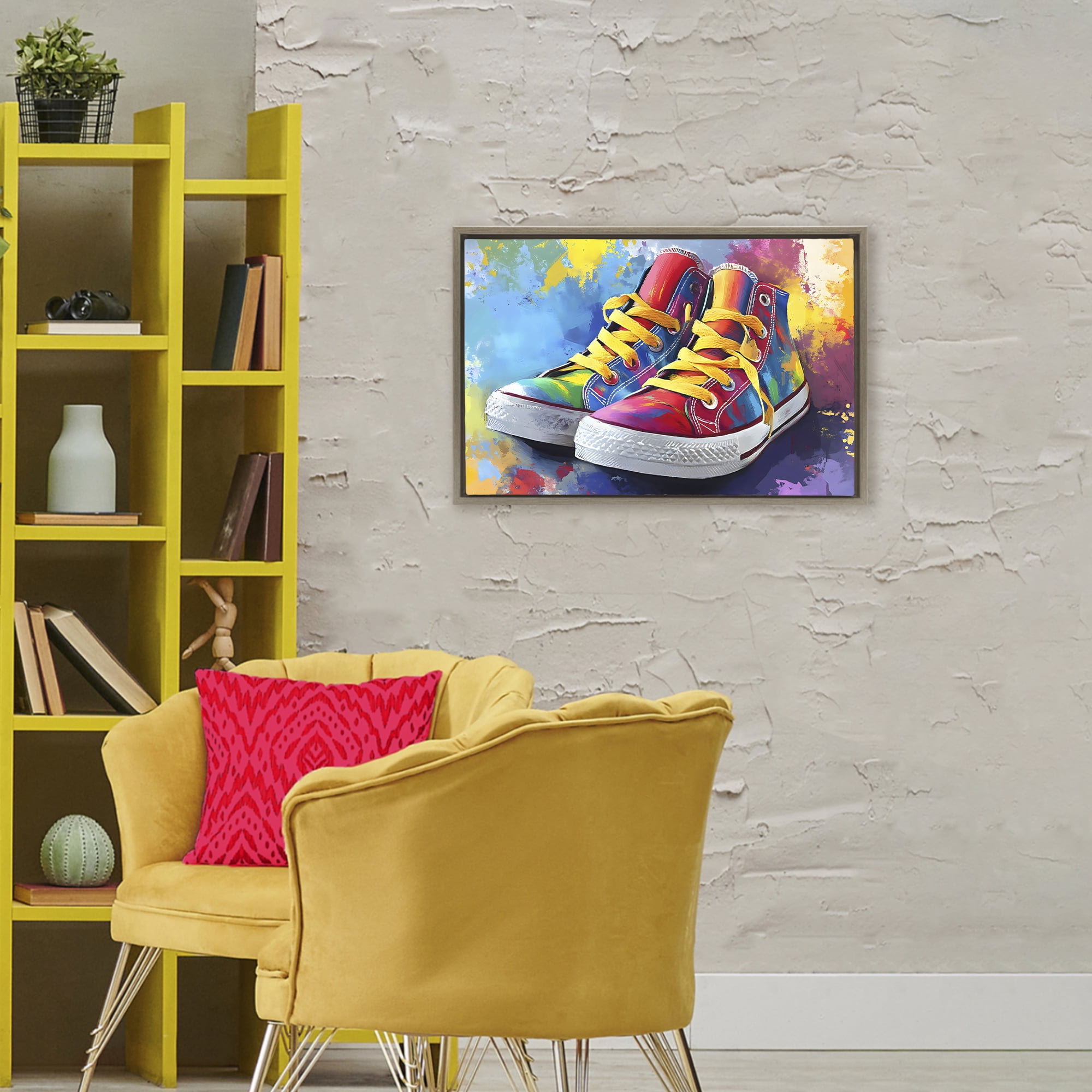 Stupell Industries High Tops with Yellow Laces Brown Framed Floater Canvas Wall Art, design by Creative Studio