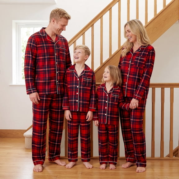 Family Matching Christmas Pajamas Plaid Long Sleeve Tops and Pants Sleepwear Set