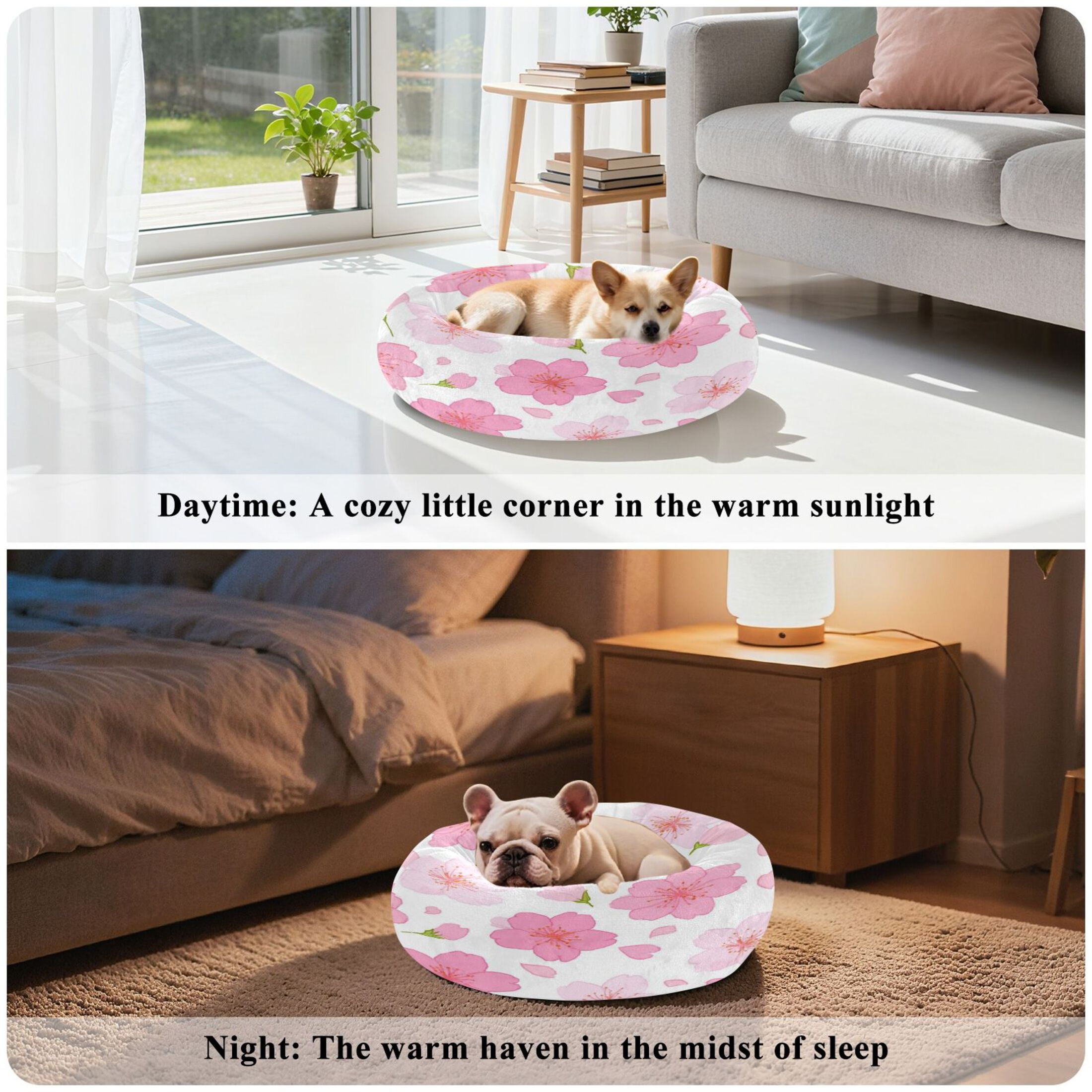 Iauyy Pet Couch Donut Cat Bed for Indoor Cats/Small Dogs Washable & Machine with Non-slip Bottom Calming Cat Furniture, Cherry Blossom Petals (M)