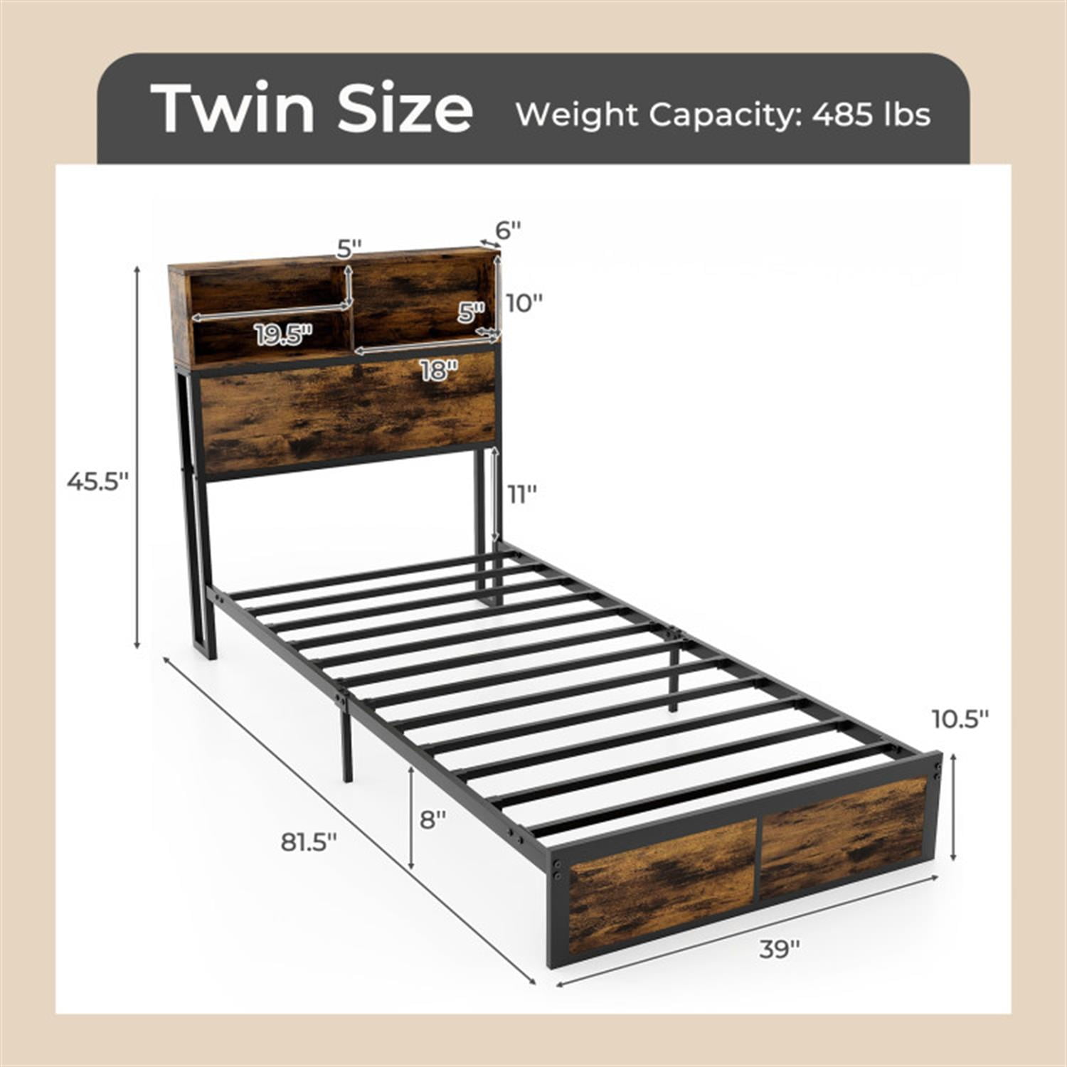 Demi Bonn Twin Size Bed Frame with Wooden Headboard and Footboard, Industrial Metal Platform Bed Frame with Under Bed Storage, No Box Spring Needed, Brown