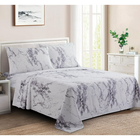 Literie toutes saisons en percale de coton à fibres longues, 600 fils au pouce carré, motif marbre blanc, motif décoratif Marina Decoration